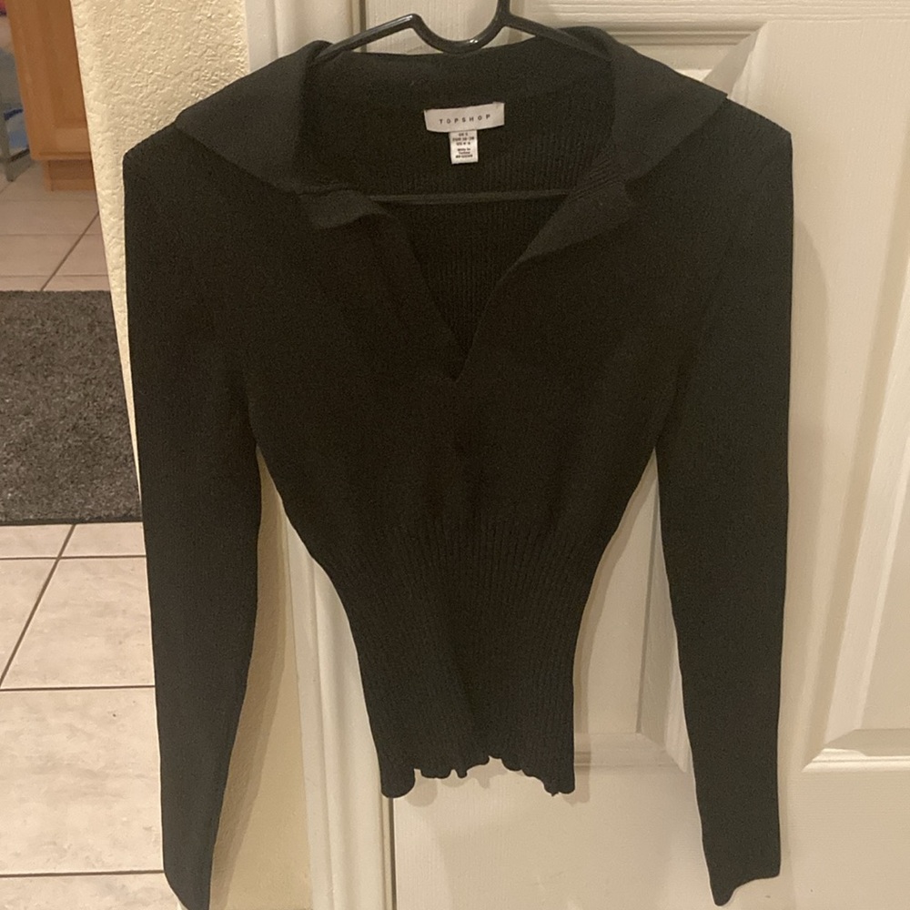 Topshop Black Ribbed Long Sleeve Split Neck Top